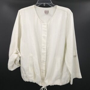 Chico's Linen Jacket Women 3P (XLP) White Snap Front Drawstring Roll Tab Sleeve